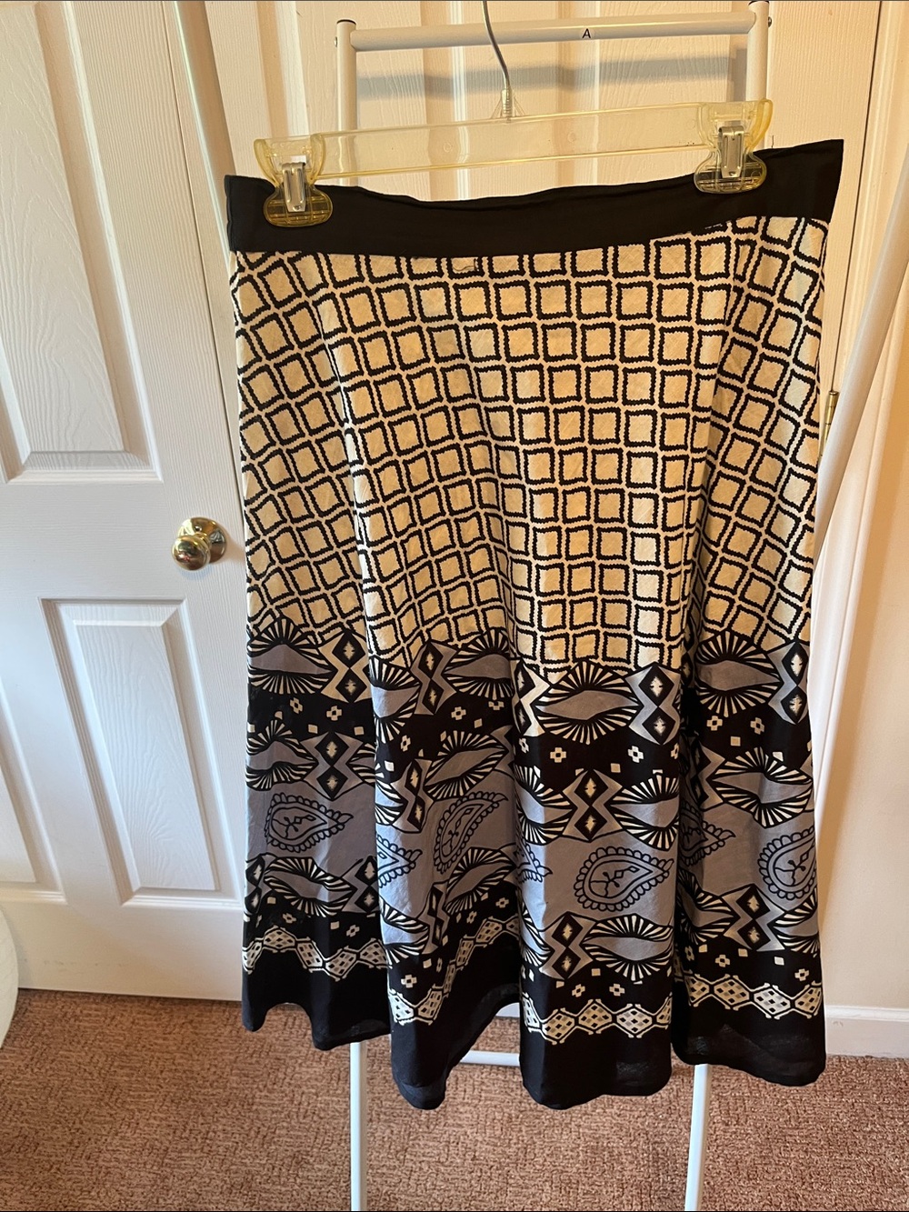 Black and Cream Patterned A-Line Midi Skirt